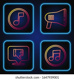 Set line Music note, tone, Dislike in speech bubble, Music note, tone and Megaphone. Gradient color icons. Vector