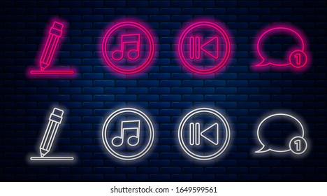 Set line Music note, tone, Rewind, Pencil with eraser and Speech bubble chat. Glowing neon icon on brick wall. Vector