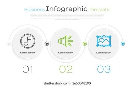Establecer línea Nota musical, tono, volumen del altavoz y paisaje de imagen. Plantilla de infografía empresarial. Vector