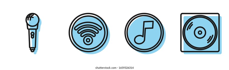 Set line Music note, tone, Microphone, Wi-Fi wireless internet network and Vinyl disk icon. Vector