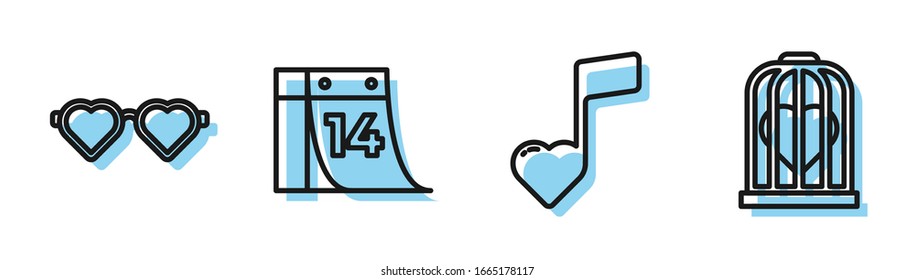 Set line Music note, tone with hearts, Heart shaped love glasses, Calendar with February 14 and Heart in the bird cage icon. Vector