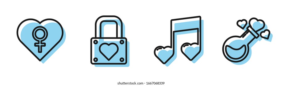 Set line Music note, tone with hearts, Heart with female gender, Lock and heart and Bottle with love potion icon. Vector