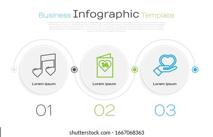 Set line Music note, tone with hearts, Valentines day flyer with heart and Heart on hand. Business infographic template. Vector