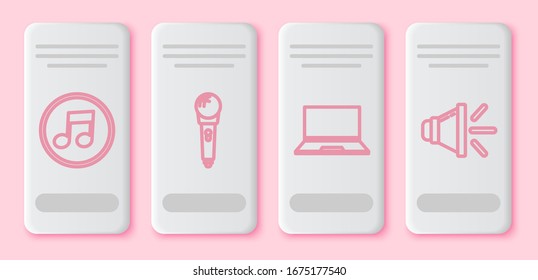 Set line Music note, tone, Microphone, Laptop and Speaker volume. White rectangle button. Vector