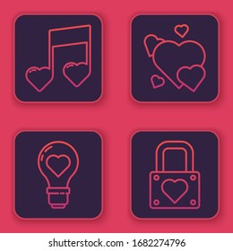 Set line Music note, tone with hearts, Heart shape in a light bulb, Heart and Lock and heart. Blue square button. Vector