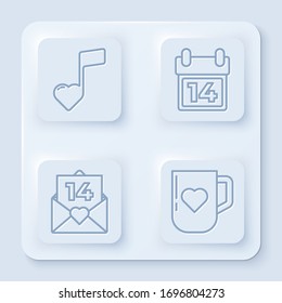Set line Music note, tone with hearts, Calendar with February 14, Envelope with Valentine heart and Coffee cup and heart. White square button. Vector