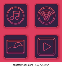 Set line Music note, tone, Picture landscape, Wi-Fi wireless internet network and Play in square. Blue square button. Vector