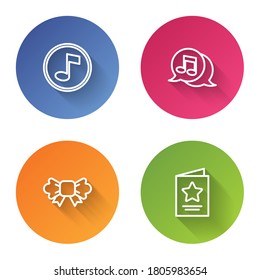 Set line Music note, tone, Musical in speech bubble, Bow tie and Greeting card. Color circle button. Vector