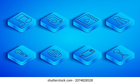Set line Music note, tone, Playing cards, Video, American Football ball, Portable video game console, Badminton shuttlecock, Microphone and Joystick for arcade machine icon. Vector