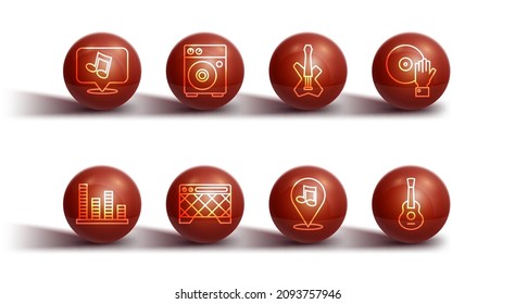 Set line Music note, tone, equalizer, DJ playing music, Location musical, Guitar amplifier,  and Electric bass guitar icon. Vector