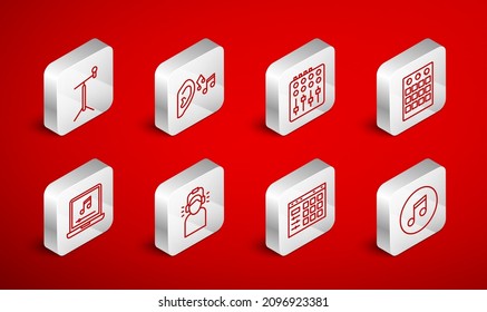 Set line Music note, tone, Ear listen sound signal, Sound mixer controller, Drum machine, Microphone with stand, Man headphones and Laptop music icon. Vector