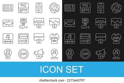 Set line Music note, tone, T-shirt, wave equalizer, player, recording studio, Drum machine and  icon. Vector