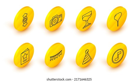 Set line Music note, tone, Party hat, Carnival garland with flags, Greeting card, Balloon form of heart, Cocktail, Photo camera and Candy icon. Vector