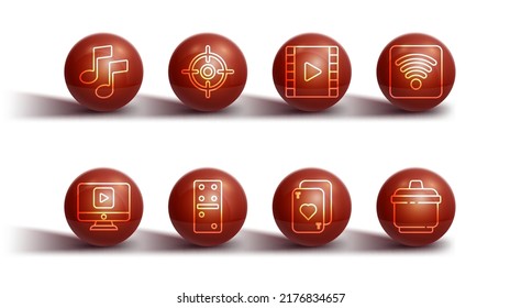 Fijar línea Nota de música, tono, video de reproducción en línea, red inalámbrica Wi-Fi, tarjetas de reproducción, Domino, deporte de destino, olla de cocina e icono de video. Vector