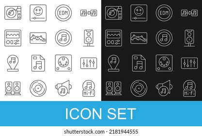 Set line Music note, tone, Sound mixer controller, Stereo speaker, EDM electronic dance music, wave equalizer, Drum machine, Vinyl player with vinyl disk and  icon. Vector