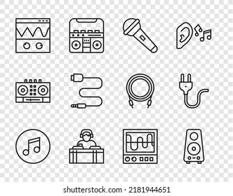 Set line Music note, tone, Stereo speaker, Microphone, DJ playing music, Oscilloscope, Audio jack,  and Electric plug icon. Vector