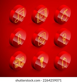 Fijar línea Nota de música, tono, Reproducir video, Bomba preparada para explotar, Lápiz con borrador, Tarjetas de reproducción, Palo para máquina de arcade, Gamepad e icono de whisk de cocina. Vector