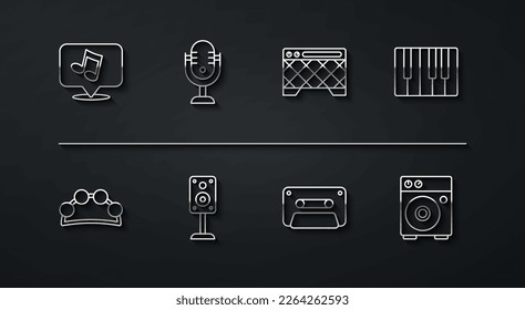 Set line Music note, tone, Tambourine, synthesizer, Retro audio cassette tape, Stereo speaker, Microphone, Guitar amplifier and  icon. Vector