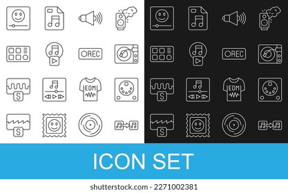 Set line Music note, tone, Drum machine, Vinyl player with vinyl disk, Speaker volume, Play square,  and Record button icon. Vector