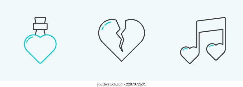 Fijar línea Nota musical, tono con corazones, poción de amor de botella e ícono de Broken o divorcio. Vector