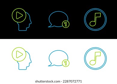 Set line Music note, tone, Head people with play button and Speech bubble chat icon. Vector
