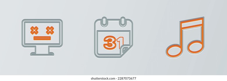 Fijar línea Nota musical, tono, Monitor muerto e icono Calendario. Vector