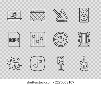 Set line Music note, tone, Electric bass guitar, Triangle musical instrument, Laptop with, Sound mixer controller, Stereo speaker and Ancient Greek lyre icon. Vector