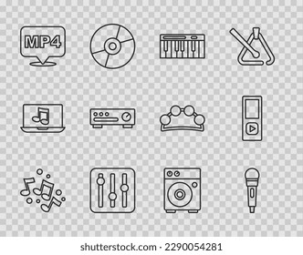 Set line Music note, tone, Microphone, synthesizer, Sound mixer controller, MP4 file document, Guitar amplifier and player icon. Vector