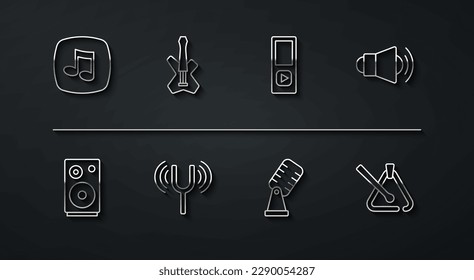 Set line Music note, tone, Stereo speaker, Megaphone, Microphone, Musical tuning fork, Electric bass guitar, Triangle musical instrument and player icon. Vector