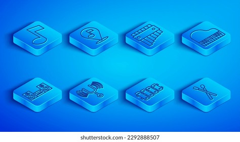 Set line Music note, tone, Location musical, Pan flute, Musical tuning fork, Xylophone, Grand piano, Home stereo and Drum sticks icon. Vector