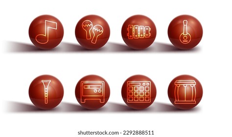 Set line Music note, tone, Clarinet, Banjo, Drum machine, Guitar amplifier, Maracas,  and Xylophone icon. Vector