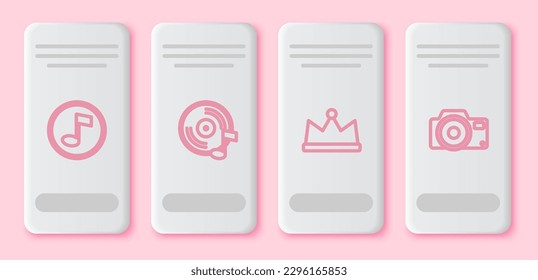 Set line Music note, tone, Vinyl disk, Crown and Photo camera. White rectangle button. Vector