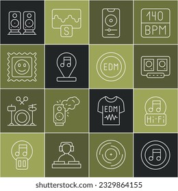 Set line Music note, tone, DJ remote and mixing music, player, LSD acid mark, Stereo speaker and EDM electronic dance icon. Vector