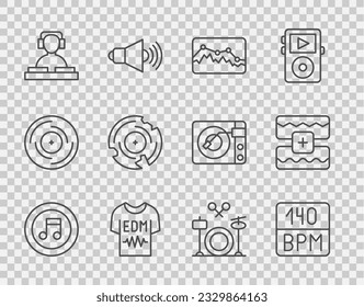Set line Music note, tone, Bitrate, wave equalizer, T-shirt, DJ playing music, Vinyl disk, Drums and  icon. Vector