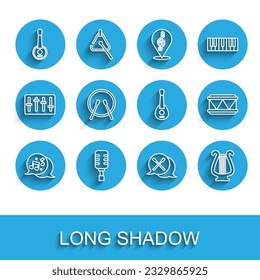 Set line Music note, tone, Microphone, Banjo, Drum sticks, Ancient lyre, and drum,  and Guitar icon. Vector