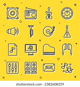 Set line Music note, tone, Air headphones, Balalaika, Electric bass guitar, Trumpet, Megaphone, Stereo speaker and Vinyl player icon. Vector