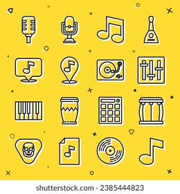 Set line Music note, tone, Drum, Sound mixer controller, Location musical, Musical, Microphone and Vinyl player with vinyl disk icon. Vector