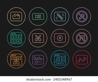 Set line Music note, tone, Speaker mute, Photo retouching, or video editing, playlist, Repeat track music player, Record button and Pause icon. Vector