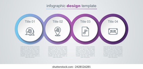 Set line Music note, tone, Location musical, MP3 file document and Retro audio cassette tape. Business infographic template. Vector