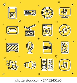 Set line Music note, tone, Stereo speaker, Vinyl disk, Sound mixer controller, Drum with drum sticks, Retro audio cassette tape, player and Guitar amplifier icon. Vector