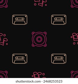 Set line Music note, tone, Retro audio cassette tape and Stereo speaker on seamless pattern. Vector