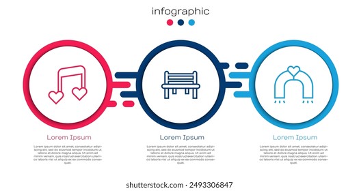 Set line Music note, tone with hearts, Romantic bench and Love magnet. Business infographic template. Vector