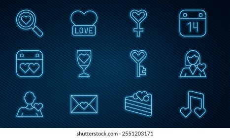 Nota de música, tono con corazones, chica romántica, símbolo de género femenino, copa de champán, calendario, Búsqueda y amor, llave en forma e ícono de corazón. Vector