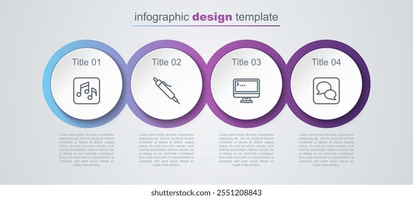 Set line Music note, tone, Pen, Computer monitor and Speech bubble chat. Business infographic template. Vector