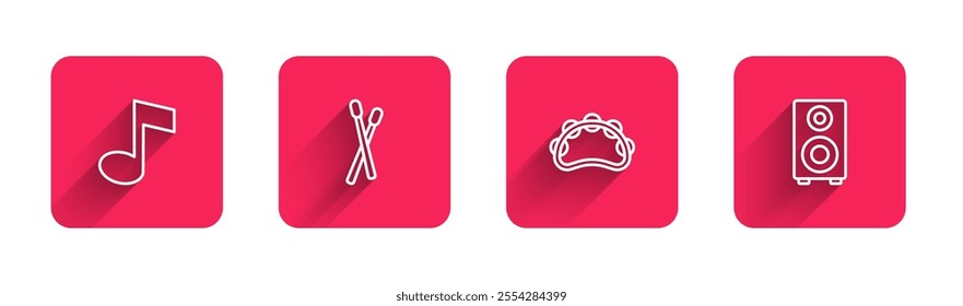 Set line Music note, tone, Drum sticks, Tambourine and Stereo speaker with long shadow. Red square button. Vector