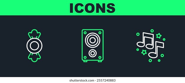 Set line Music note, tone, Candy and Stereo speaker icon. Vector