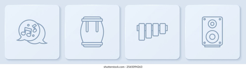 Set line Music note, tone, Pan flute, Drum and Stereo speaker. White square button. Vector