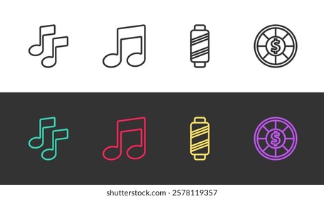 Set line Music note, tone, , Sewing thread spool and Casino chips on black and white. Vector