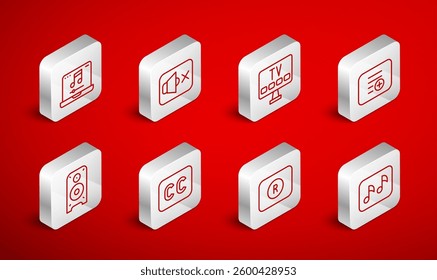 Set line Music note, tone, Speaker mute, Smart Tv, Add playlist, Record button, Laptop with music, Subtitles and Stereo speaker icon. Vector