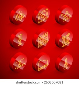 Set line Music note, tone, Stereo speaker, Triangle musical instrument, Ancient Greek lyre, Laptop with and Grand piano icon. Vector